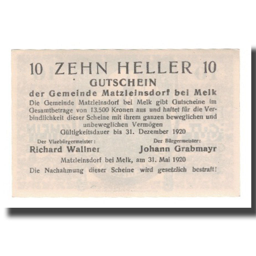 Geldschein, Österreich, Matzleinsdorf bei Melk N.Ö. Gemeinde, 10 Heller