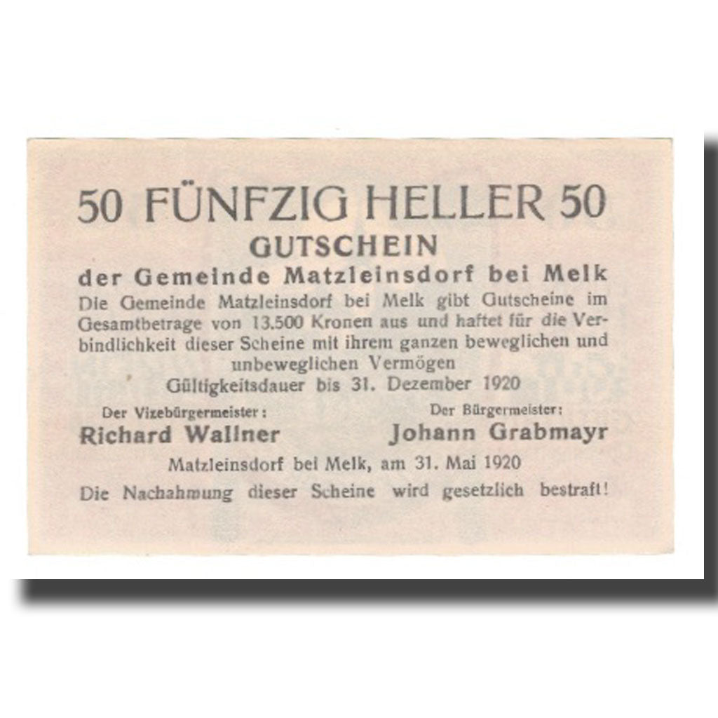 Geldschein, Österreich, Matzleinsdorf bei Melk N.Ö. Gemeinde, 50 Heller