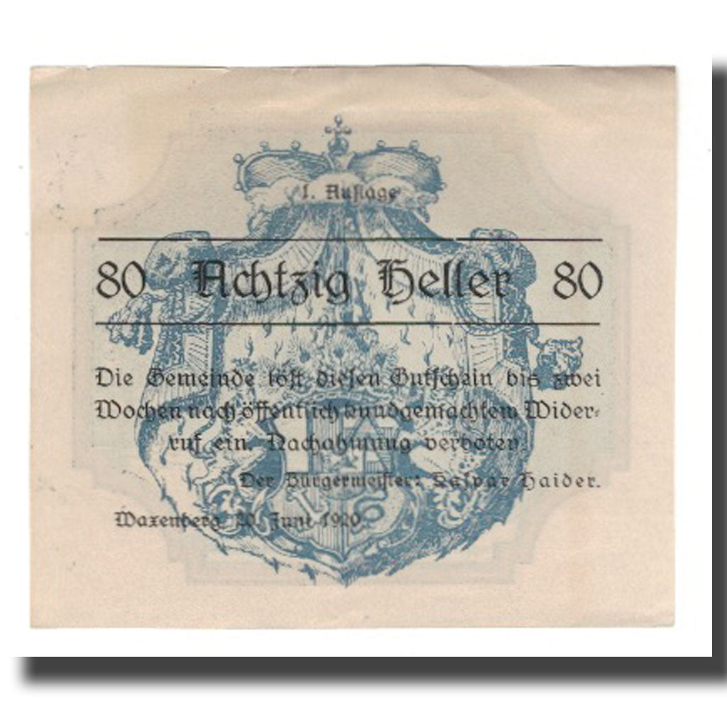 Geldschein, Österreich, Waxenberg O.Ö. Gemeinde, 80 Heller, fontaine, 1920