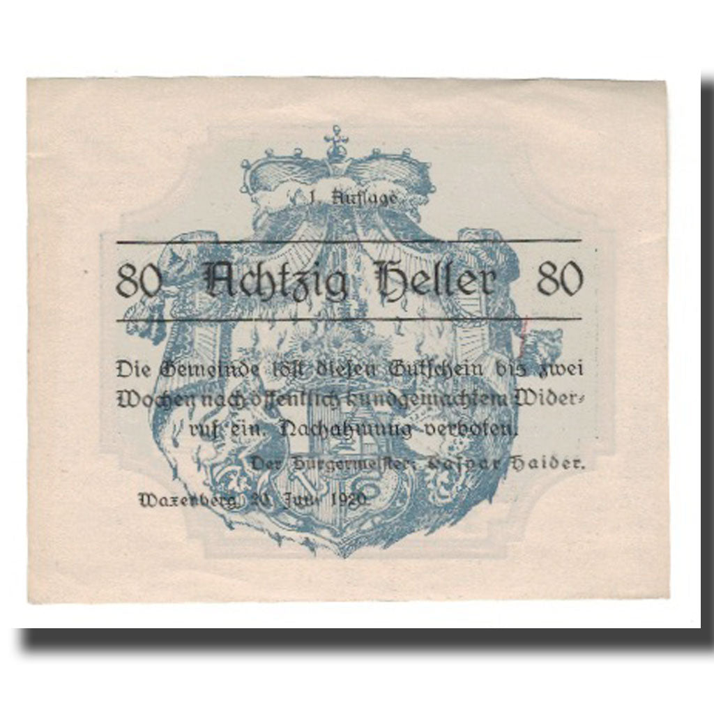 Nota, Áustria, Waxenberg O.Ö. Gemeinde, 80 Heller, Fontaine 1, 1920