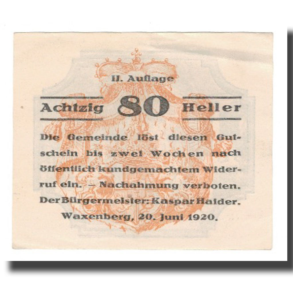 Geldschein, Österreich, Waxenberg O.Ö. Gemeinde, 80 Heller, Fontaine 2, 1920
