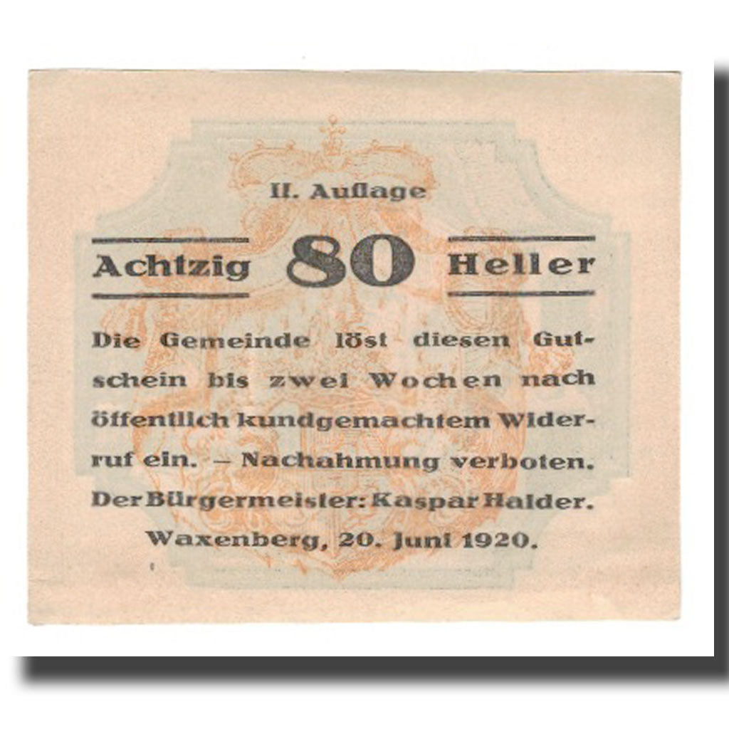 Banknote, Austria, Waxenberg O.Ö. Gemeinde, 80 Heller, Fontaine 3, 1920