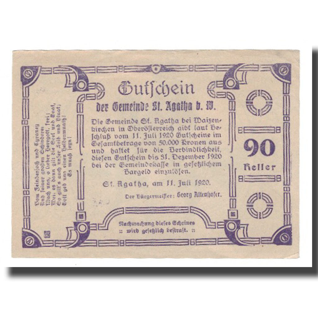 Geldschein, Österreich, St. Agatha Bei Weizenkirchen O.Ö. Gemeinde, 90 Heller