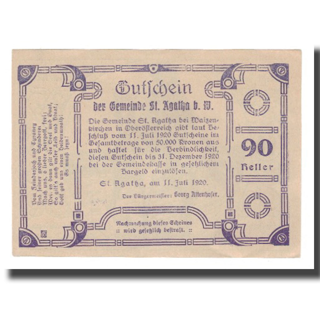 Banknote, Austria, St. Agatha Bei Weizenkirchen O.Ö. Gemeinde, 90 Heller, texte