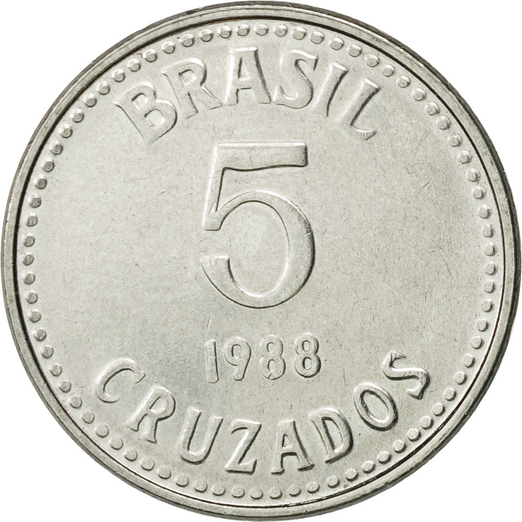 Moneda, Brasil, 5 Cruzados, 1988, MBC, Acero inoxidable, KM:606