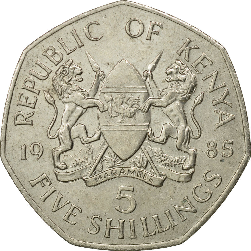 Moneda, Kenia, 5 Shillings, 1985, British Royal Mint, BC+, Cobre - níquel