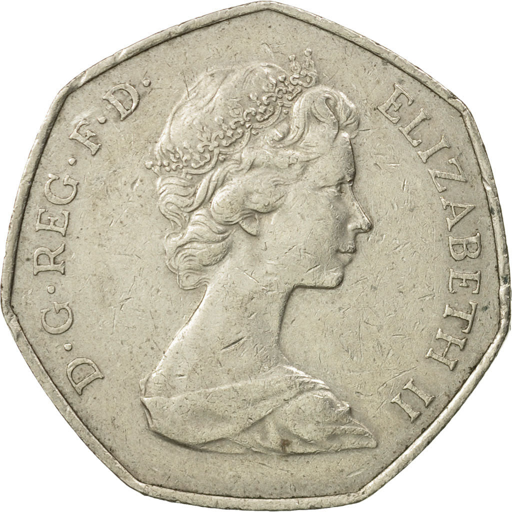 Moneda, Gran Bretaña, Elizabeth II, 50 Pence, 1973, BC+, Cobre - níquel