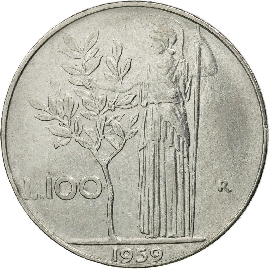 Moneta, Włochy, 100 Lire, 1959, Rome, VF(30-35), Stal nierdzewna, KM:96.1