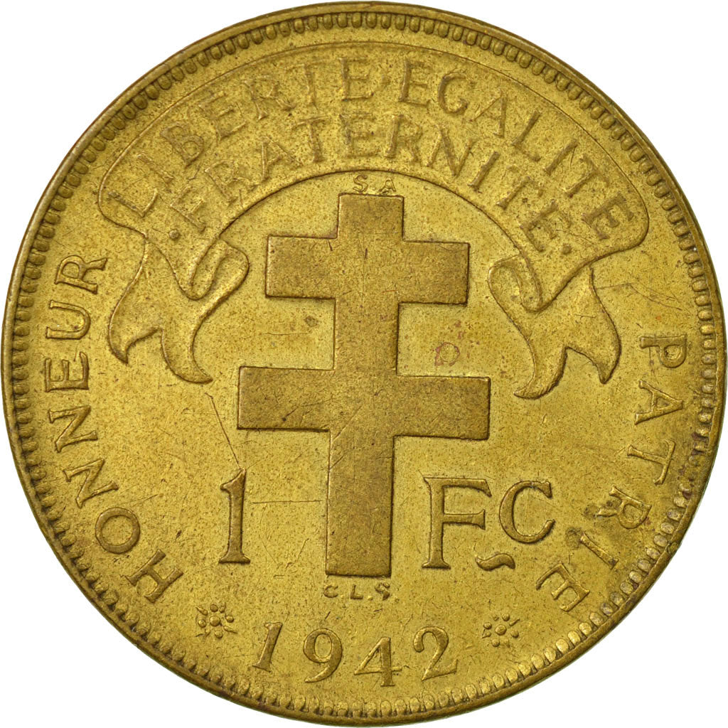 Moneda, África ecuatorial francesa, Franc, 1942, Pretoria, BC+, Latón, KM:2