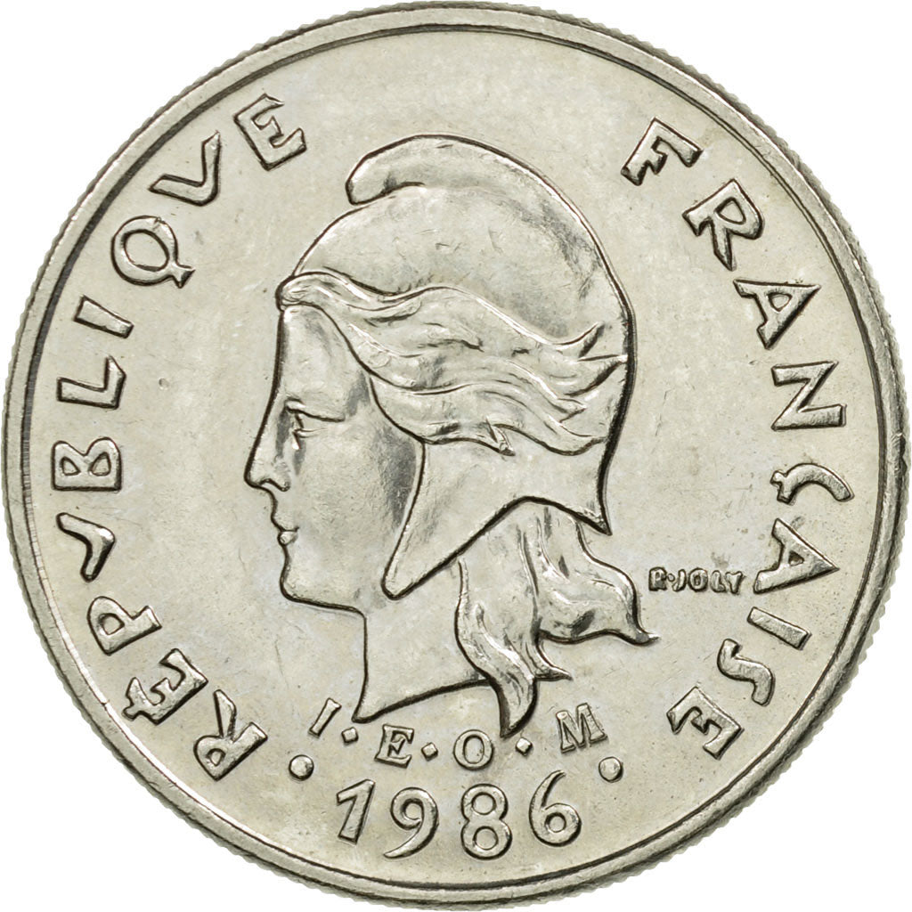 Moneda, Nueva Caledonia, 10 Francs, 1986, Paris, MBC, Níquel, KM:11