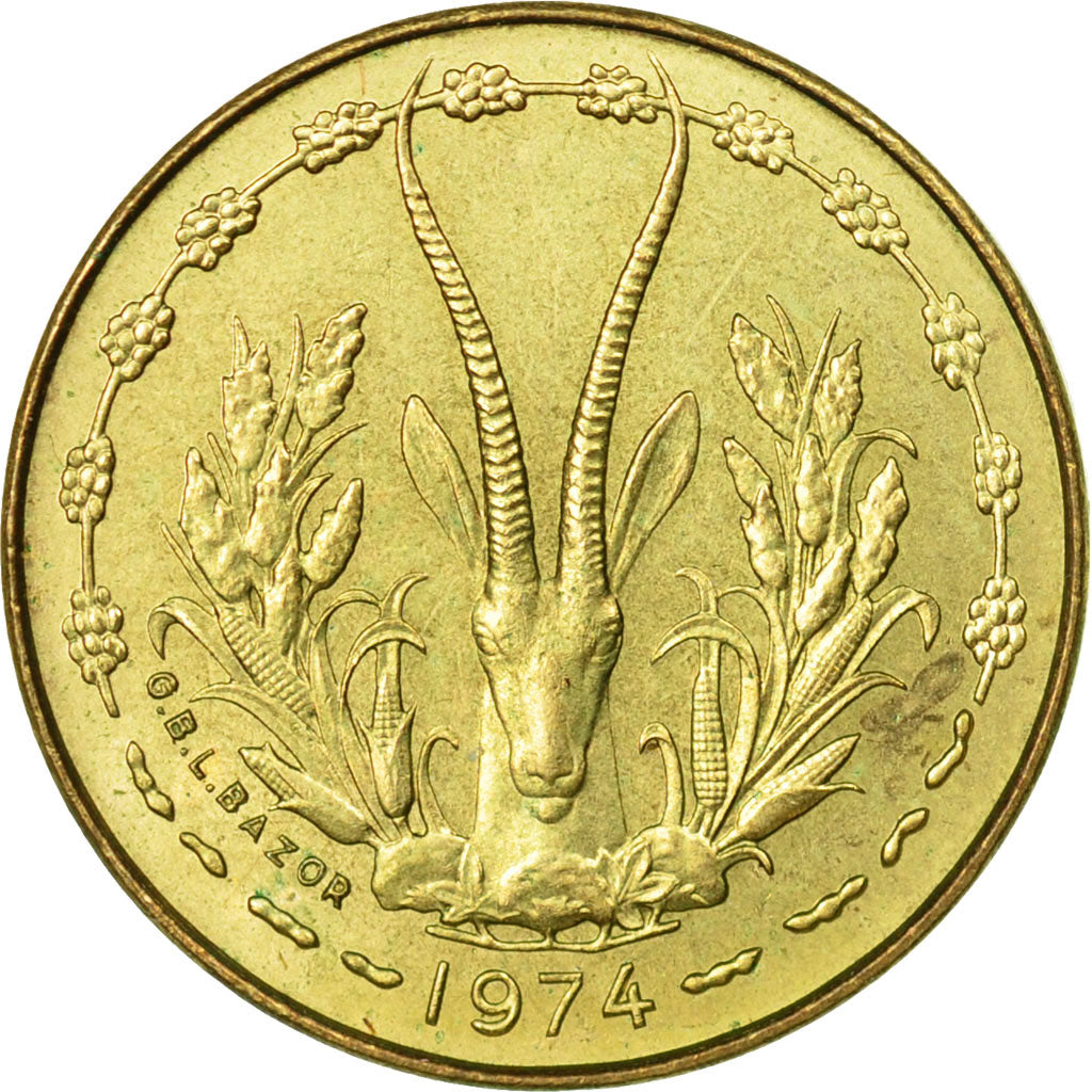 Moneda, Estados del África Occidental, 5 Francs, 1974, Paris, BC+, Aluminio -