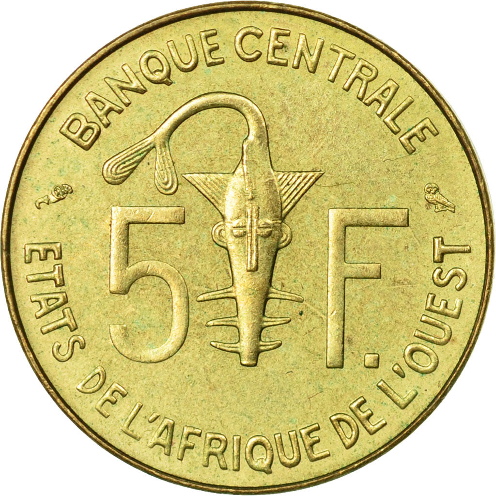 Moneda, Estados del África Occidental, 5 Francs, 1974, Paris, BC+, Aluminio -