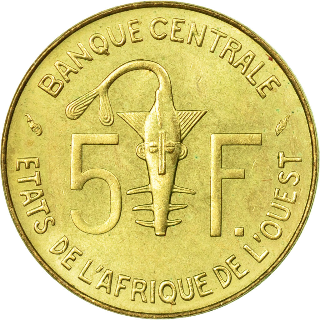 Moneda, Estados del África Occidental, 5 Francs, 1975, Paris, BC+, Aluminio -