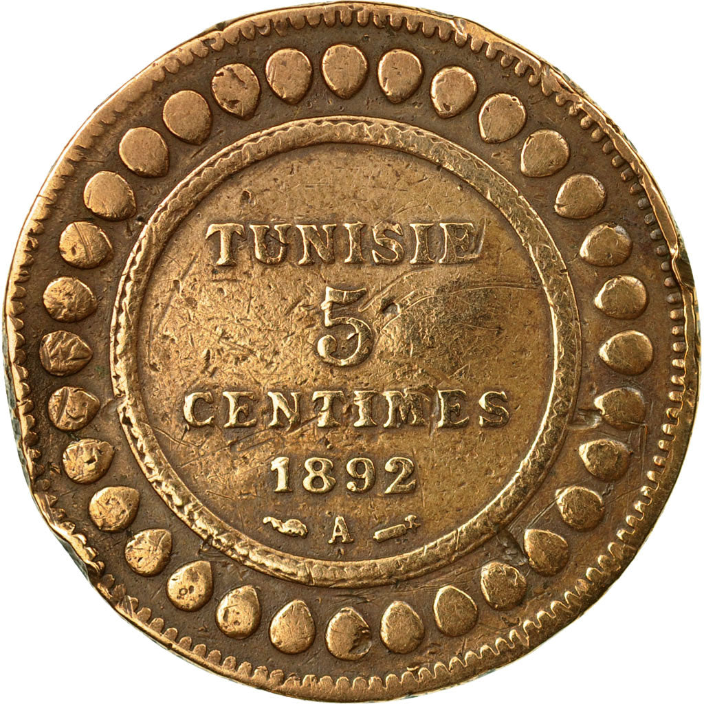 Moneta, Tunisia, Ali Bey, 5 Centimes, 1892, Paris, MB, Bronzo, KM:221