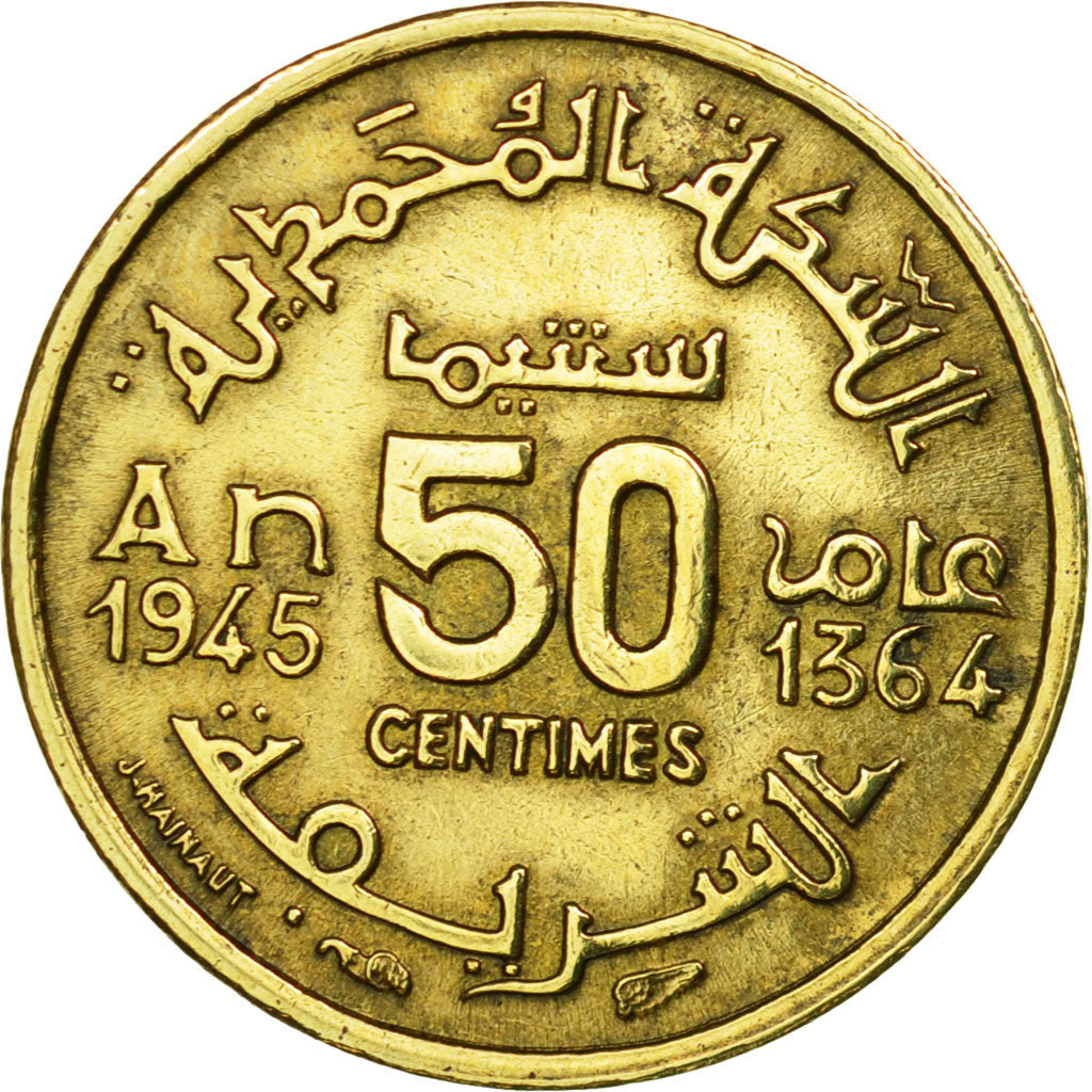 Coin, Morocco, Mohammed V, 50 Centimes, 1945, Paris, VF(30-35), Aluminum-Bronze