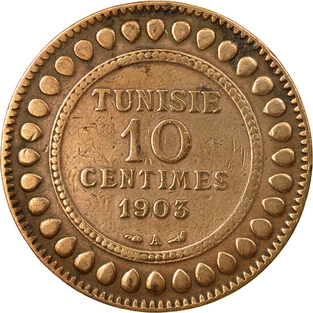 Moneta, Tunisia, Muhammad al-Hadi Bey, 10 Centimes, 1903, Paris, MB+, Bronzo