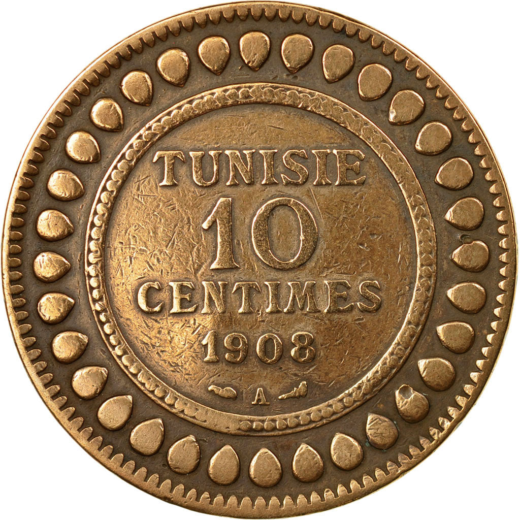 Coin, Tunisia, Muhammad al-Nasir Bey, 10 Centimes, 1908, Paris, VF(30-35)