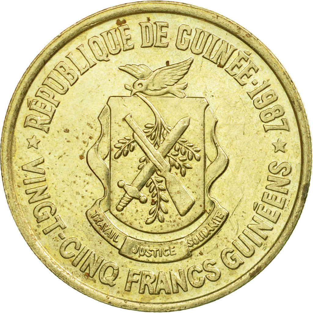 Coin, Guinea, 25 Francs, 1987, VF(30-35), Brass, KM:60