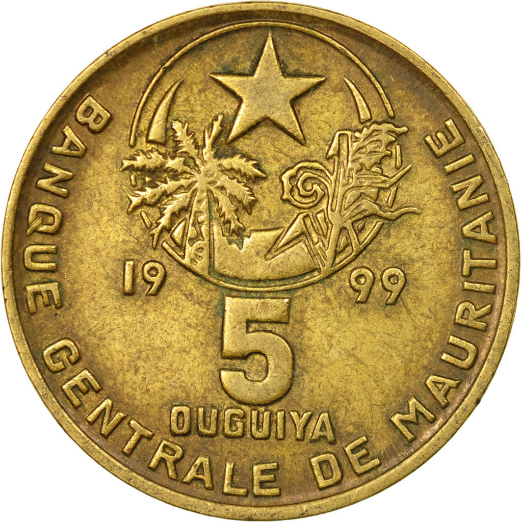 Coin, Mauritania, 5 Ouguiya, 1999, VF(20-25), Aluminum-Bronze, KM:3