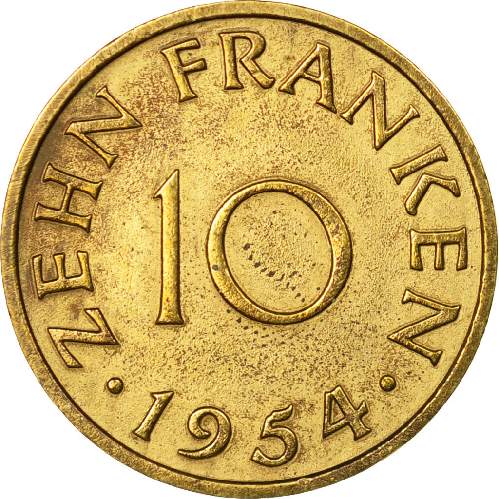 Coin, SAARLAND, 10 Franken, 1954, Paris, VF(20-25), Aluminum-Bronze, KM:1