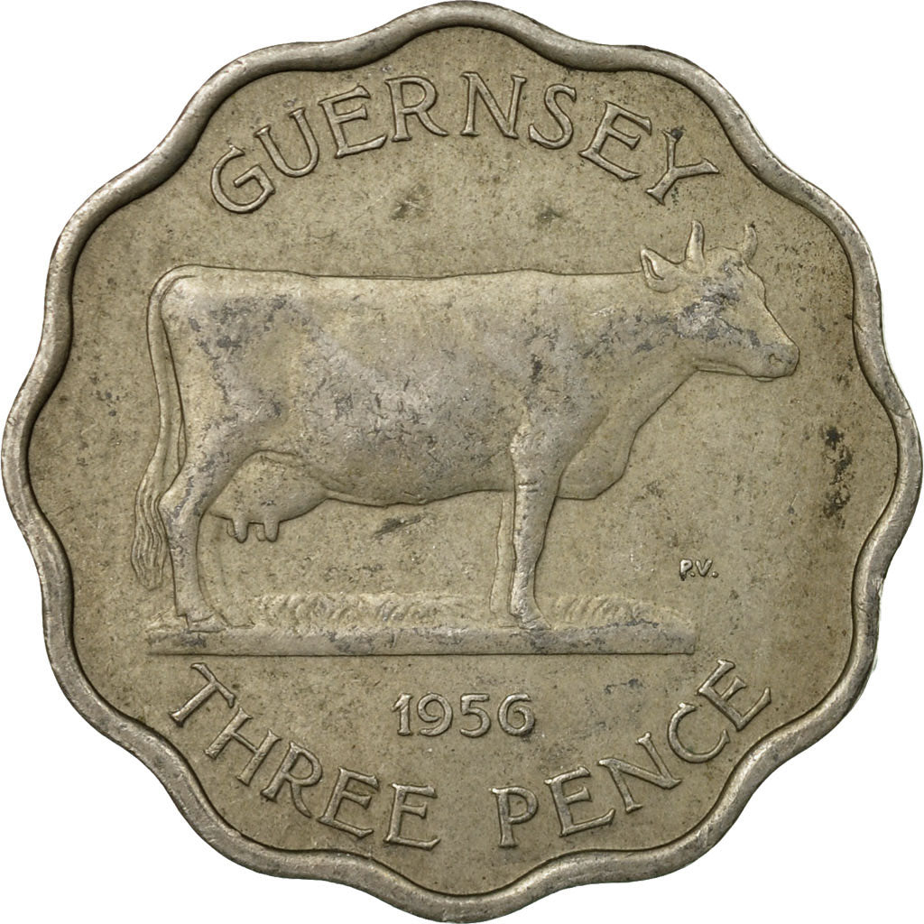 Monnaie, Guernsey, Elizabeth II, 3 Pence, 1956, Heaton, TB+, Copper-nickel