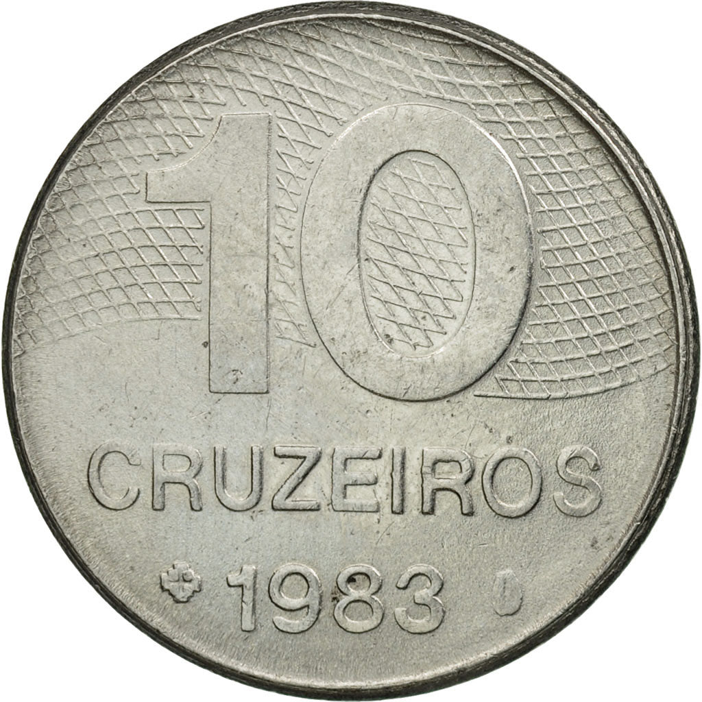 Moneta, Brazylia, 10 Cruzeiros, 1983, VF(30-35), Stal nierdzewna, KM:592.1