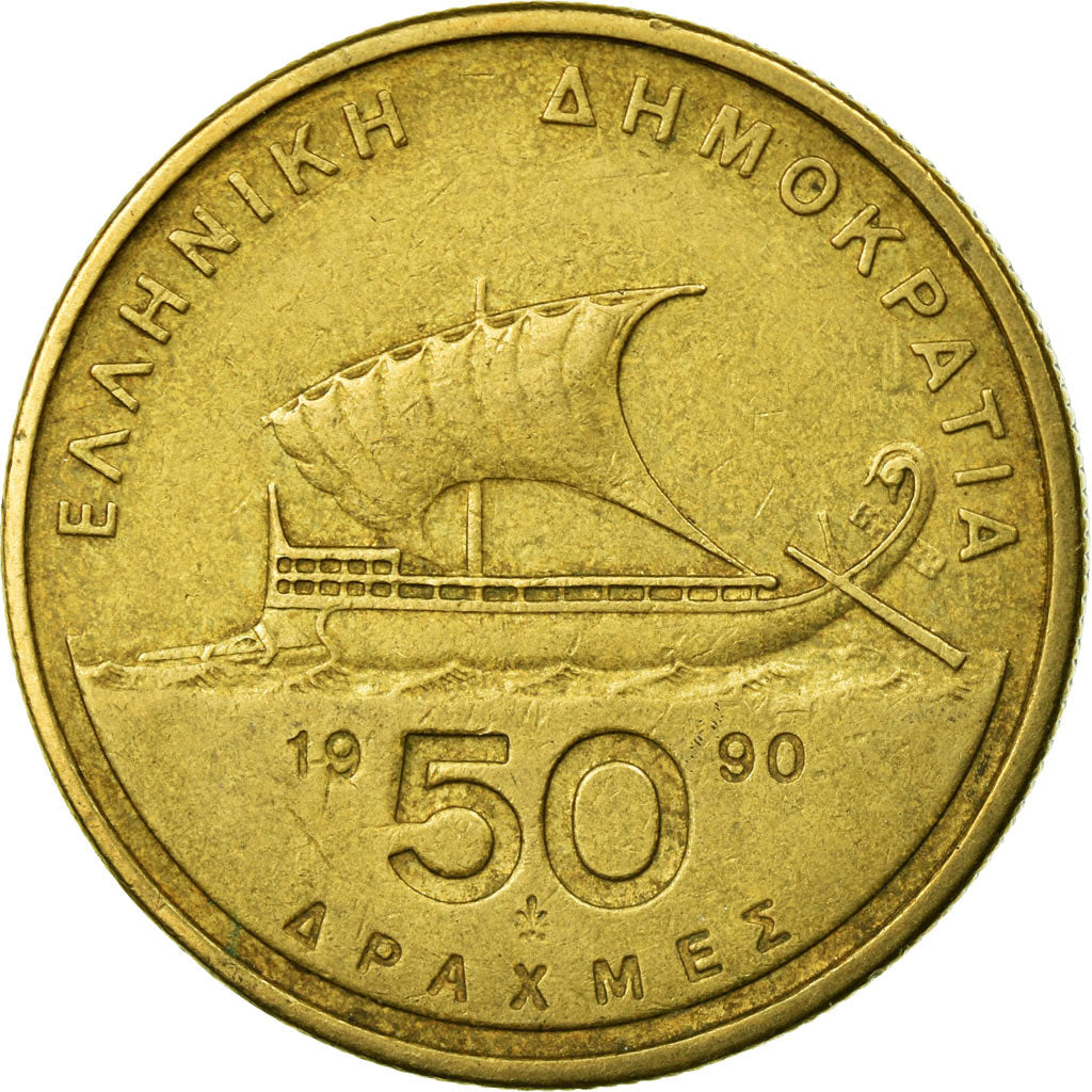 Coin, Greece, 50 Drachmes, 1990, VF(30-35), Aluminum-Bronze, KM:147