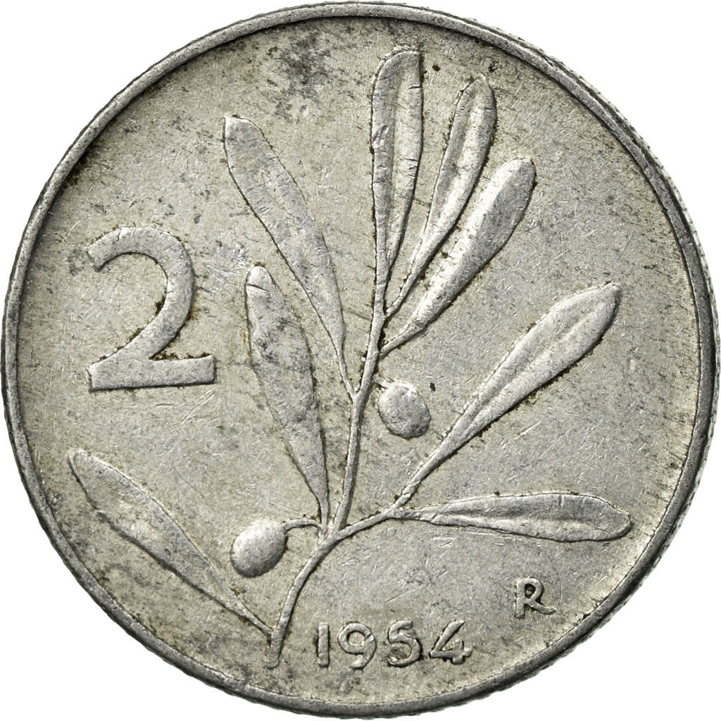Coin, Italy, 2 Lire, 1954, Rome, VF(30-35), Aluminum, KM:94