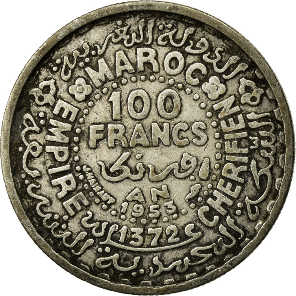 Coin, Morocco, Mohammed V, 100 Francs, 1953, Paris, EF(40-45), Silver, KM:52