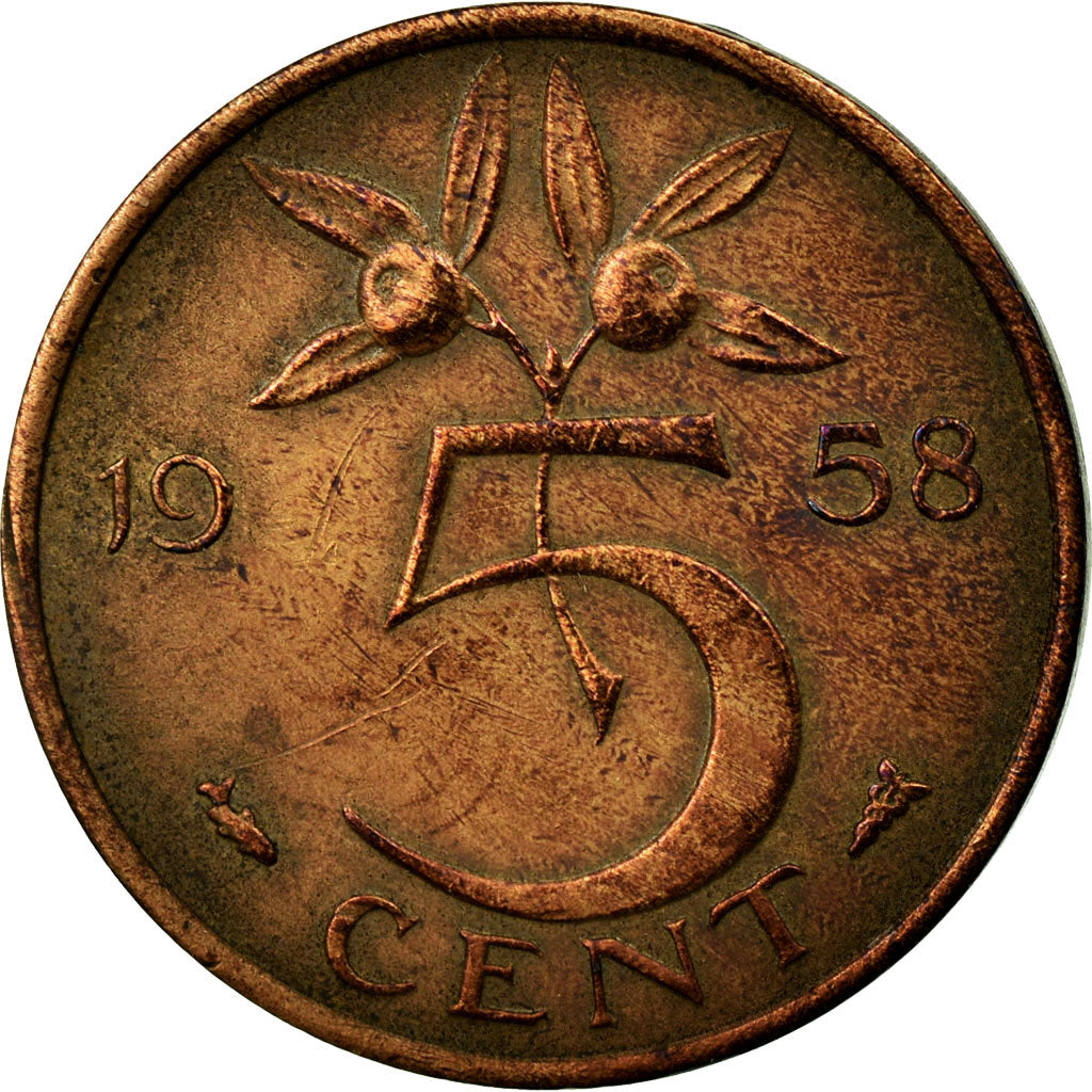 Moneta, Paesi Bassi, Juliana, 5 Cents, 1958, MB+, Bronzo, KM:181