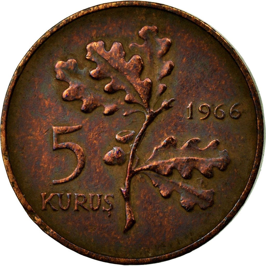 Moneta, Turchia, 5 Kurus, 1966, MB, Bronzo, KM:890.1