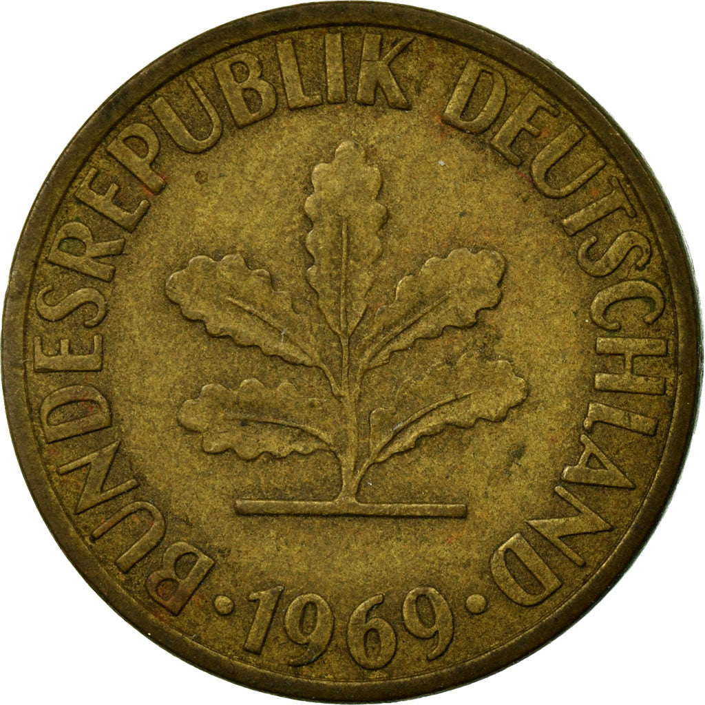 Coin, GERMANY - FEDERAL REPUBLIC, 5 Pfennig, 1969, Munich, VF(30-35), Brass Clad