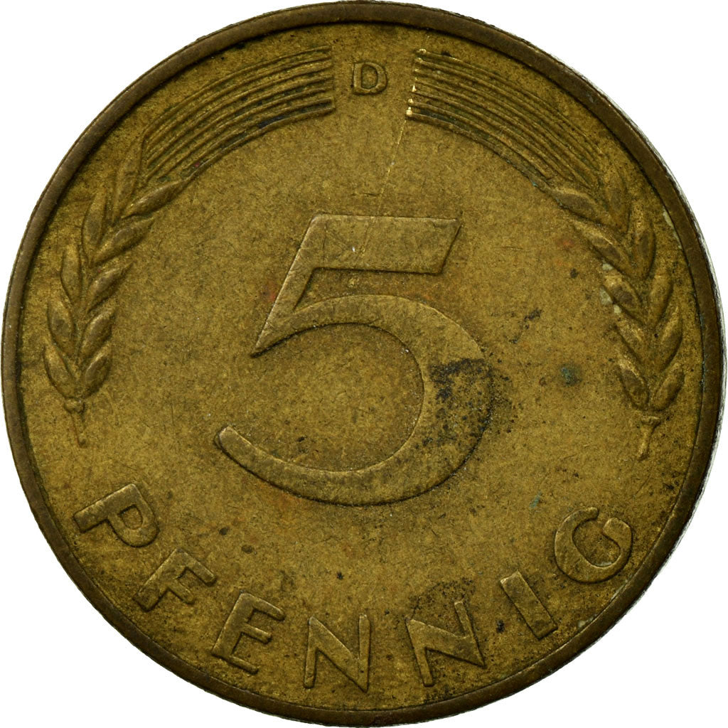 Coin, GERMANY - FEDERAL REPUBLIC, 5 Pfennig, 1969, Munich, VF(30-35), Brass Clad