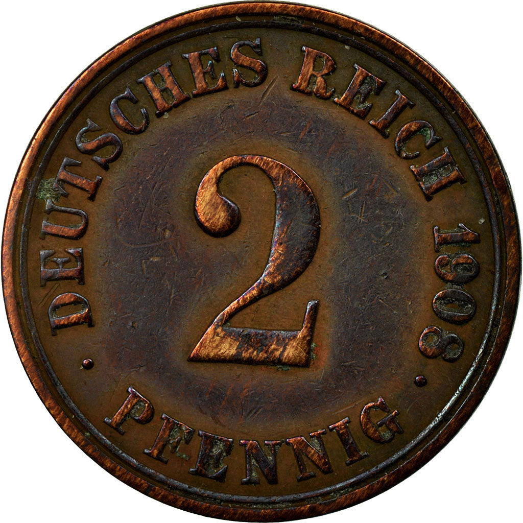 Coin, GERMANY - EMPIRE, Wilhelm II, 2 Pfennig, 1908, Berlin, VF(30-35), Copper