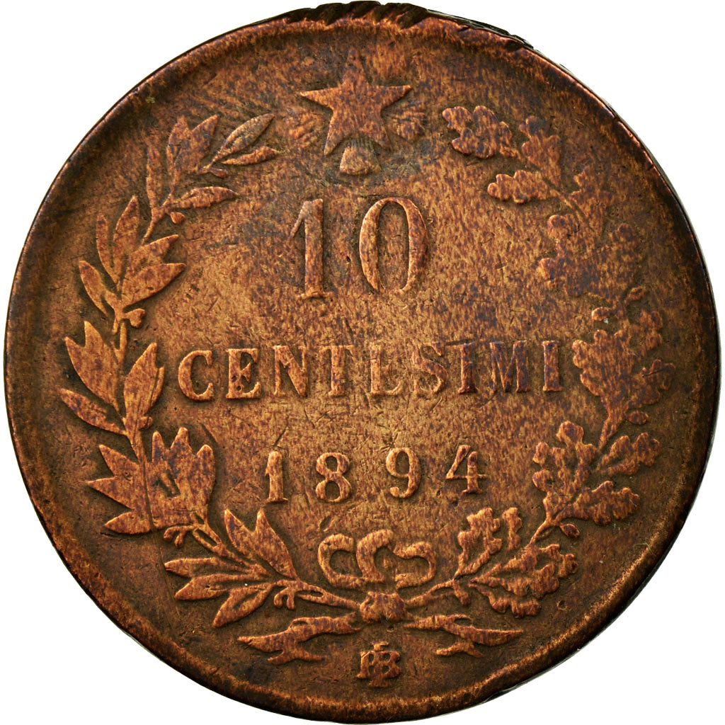 Moneda, Italia, Umberto I, 10 Centesimi, 1894, Birmingham, BC+, Cobre, KM:27.1