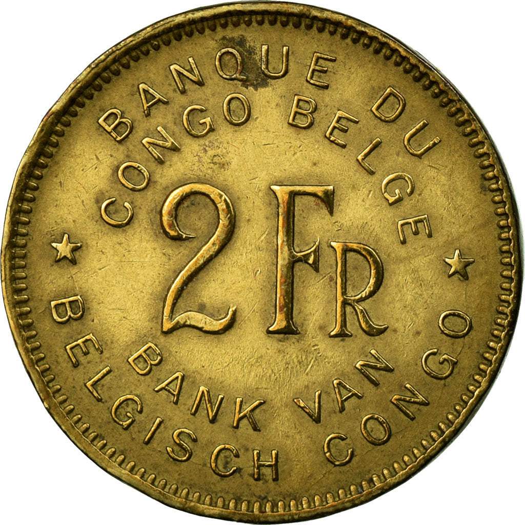 Coin, Belgian Congo, 2 Francs, 1946, EF(40-45), Brass, KM:28