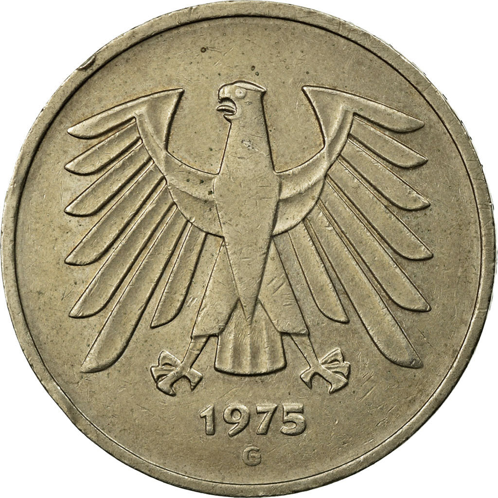 Moneta, GERMANIA - REPUBBLICA FEDERALE, 5 Mark, 1975, Karlsruhe, BB, Nichel
