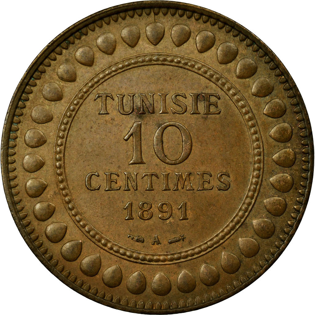 Coin, Tunisia, Ali Bey, 10 Centimes, 1891, Paris, EF(40-45), Bronze, KM:222