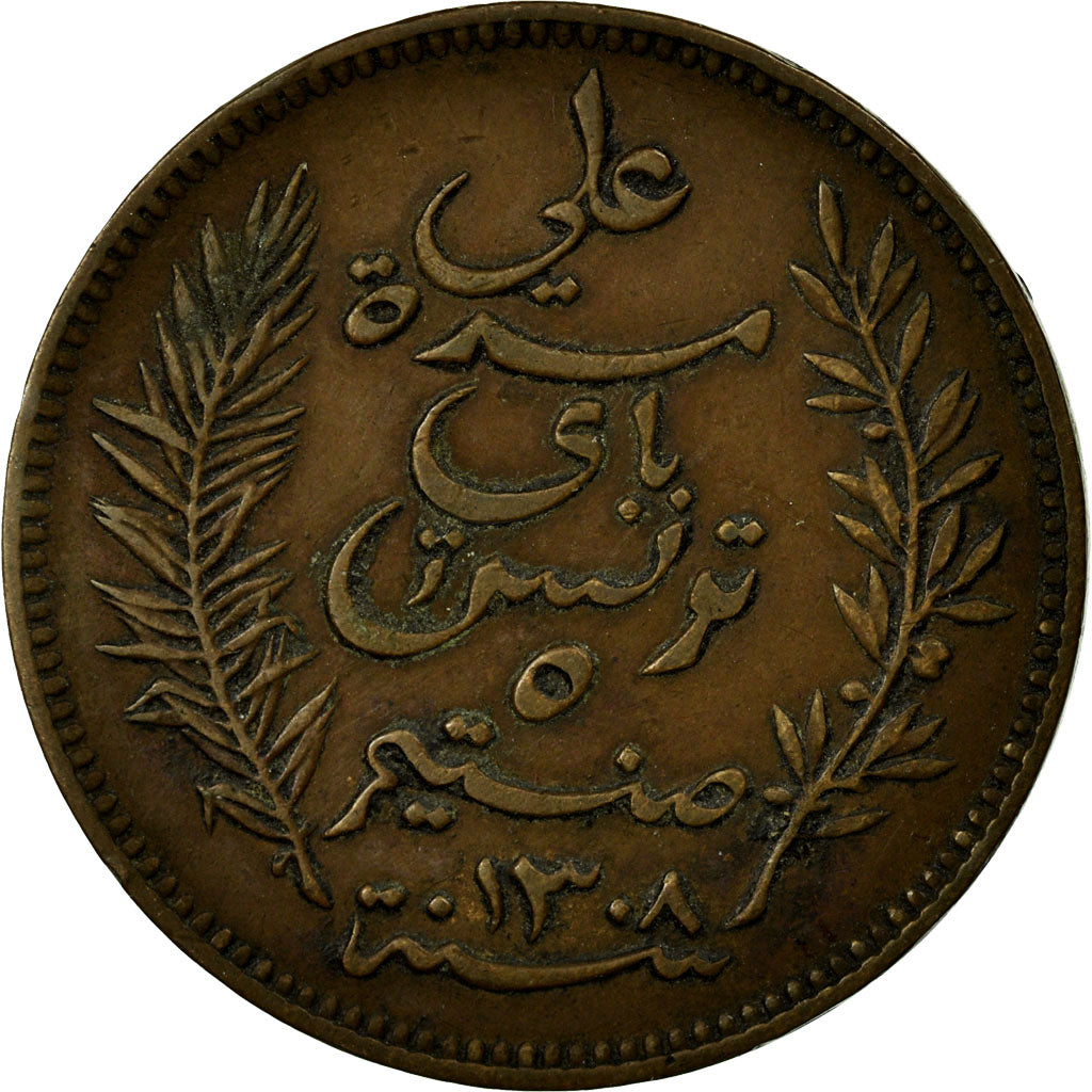 Moeda, Tunísia, Ali Bey, 5 Centimes, 1891, Paris, EF(40-45), Bronze, KM:221