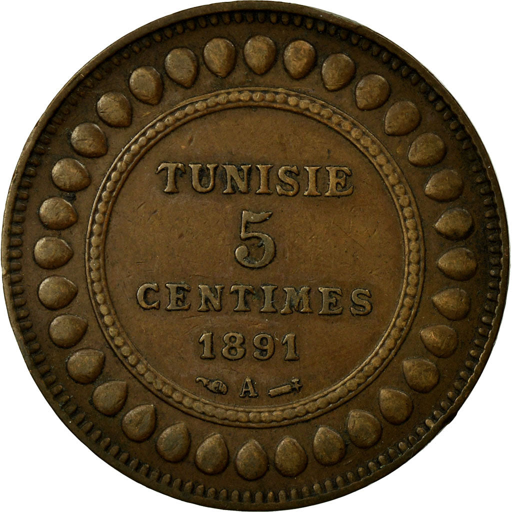 Moeda, Tunísia, Ali Bey, 5 Centimes, 1891, Paris, EF(40-45), Bronze, KM:221