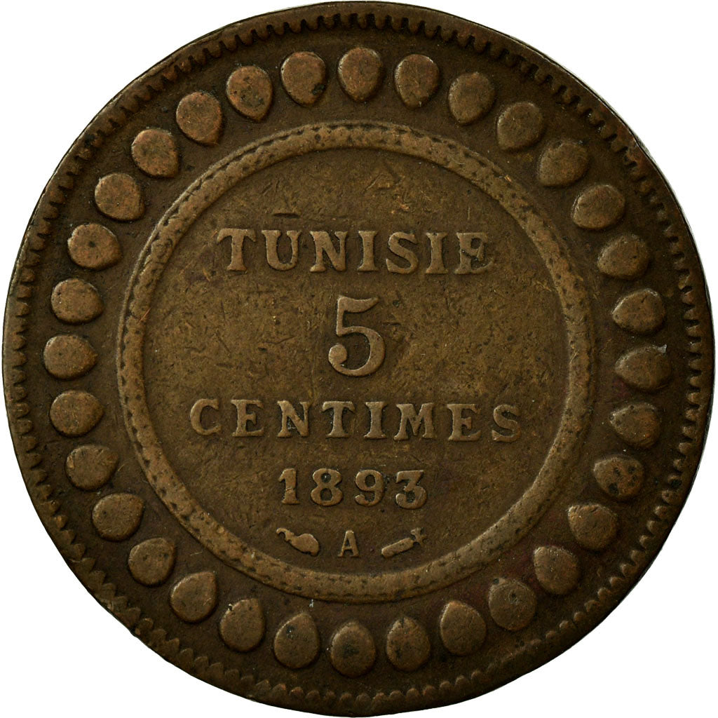 Coin, Tunisia, Ali Bey, 5 Centimes, 1893, Paris, EF(40-45), Bronze, KM:221