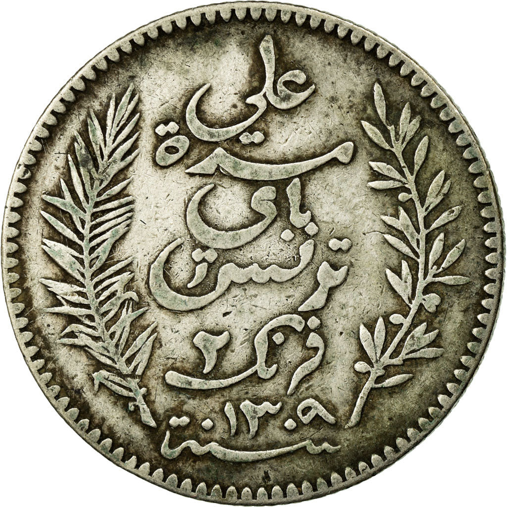 Coin, Tunisia, Ali Bey, 2 Francs, 1892, Paris, VF(30-35), Silver, KM:225