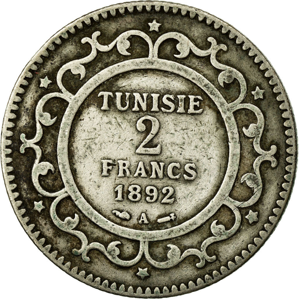Coin, Tunisia, Ali Bey, 2 Francs, 1892, Paris, VF(30-35), Silver, KM:225