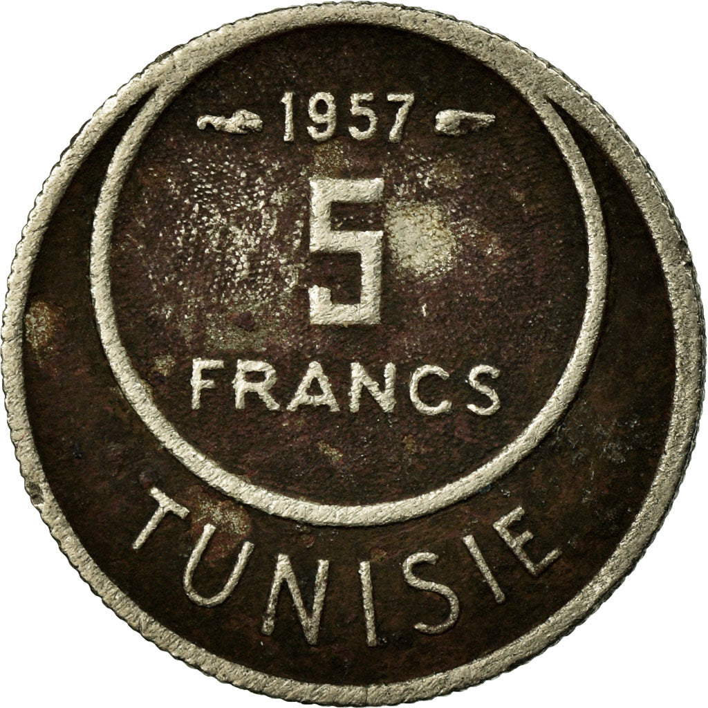 Coin, Tunisia, Muhammad al-Amin Bey, 5 Francs, 1957, Paris, VF(20-25)