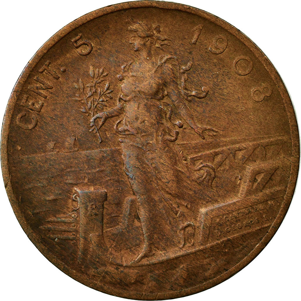 Coin, Italy, Vittorio Emanuele III, 5 Centesimi, 1908, Rome, VF(30-35), Bronze