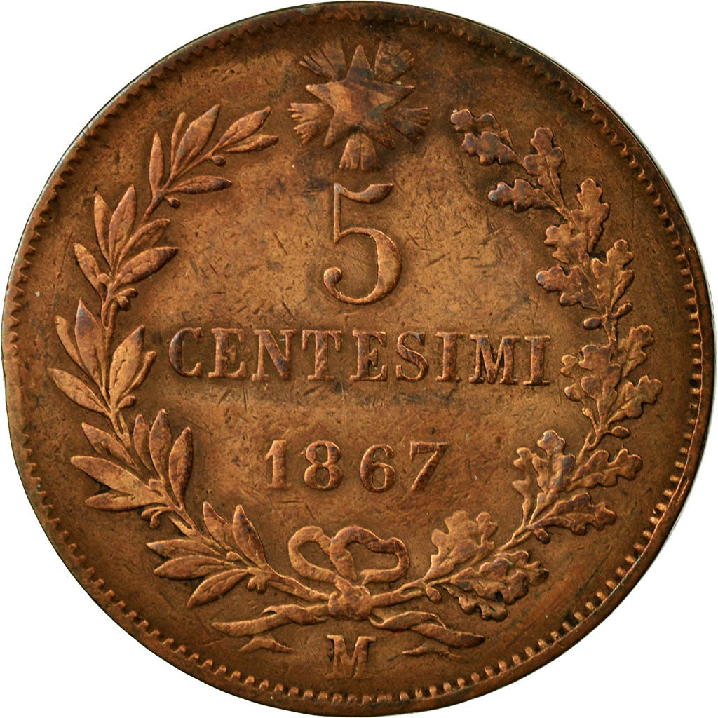 Coin, Italy, Vittorio Emanuele II, 5 Centesimi, 1867, Milan, VF(30-35), Copper