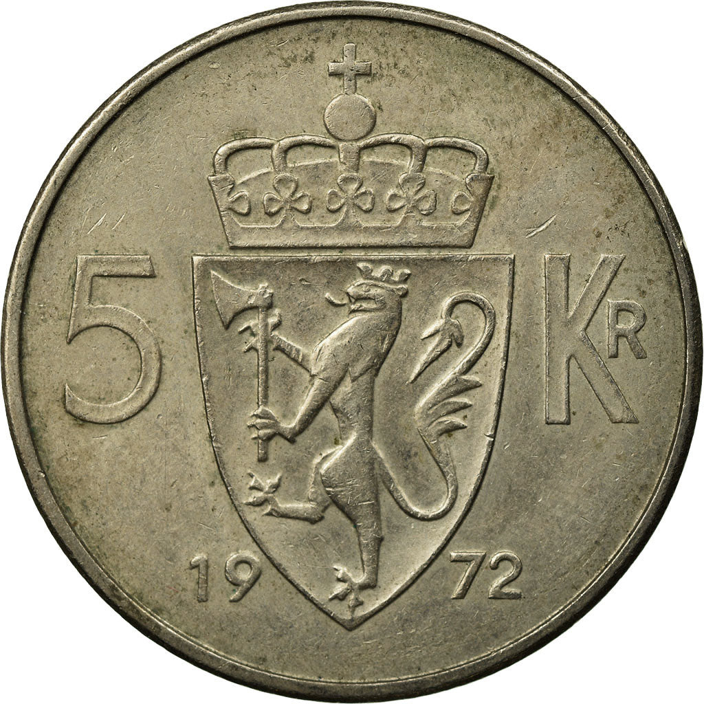 Moneda, Noruega, Olav V, 5 Kroner, 1972, BC+, Cobre - níquel, KM:412