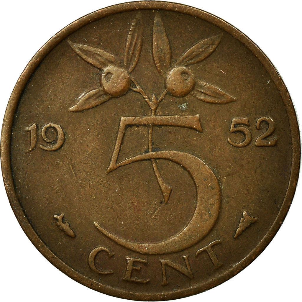 Moneda, Países Bajos, Juliana, 5 Cents, 1952, MBC, Bronce, KM:181