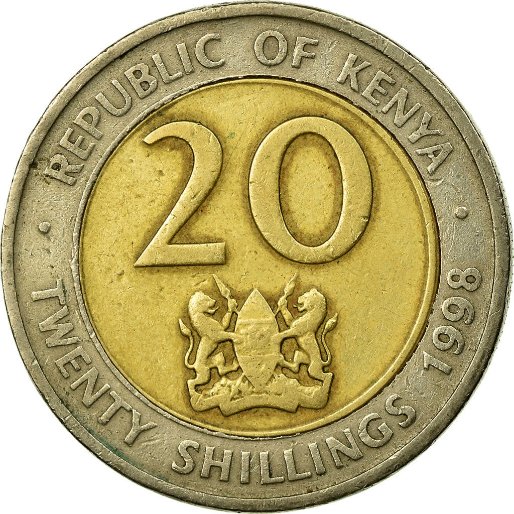 Moneda, Kenia, 20 Shillings, 1998, British Royal Mint, BC+, Bimetálico, KM:32
