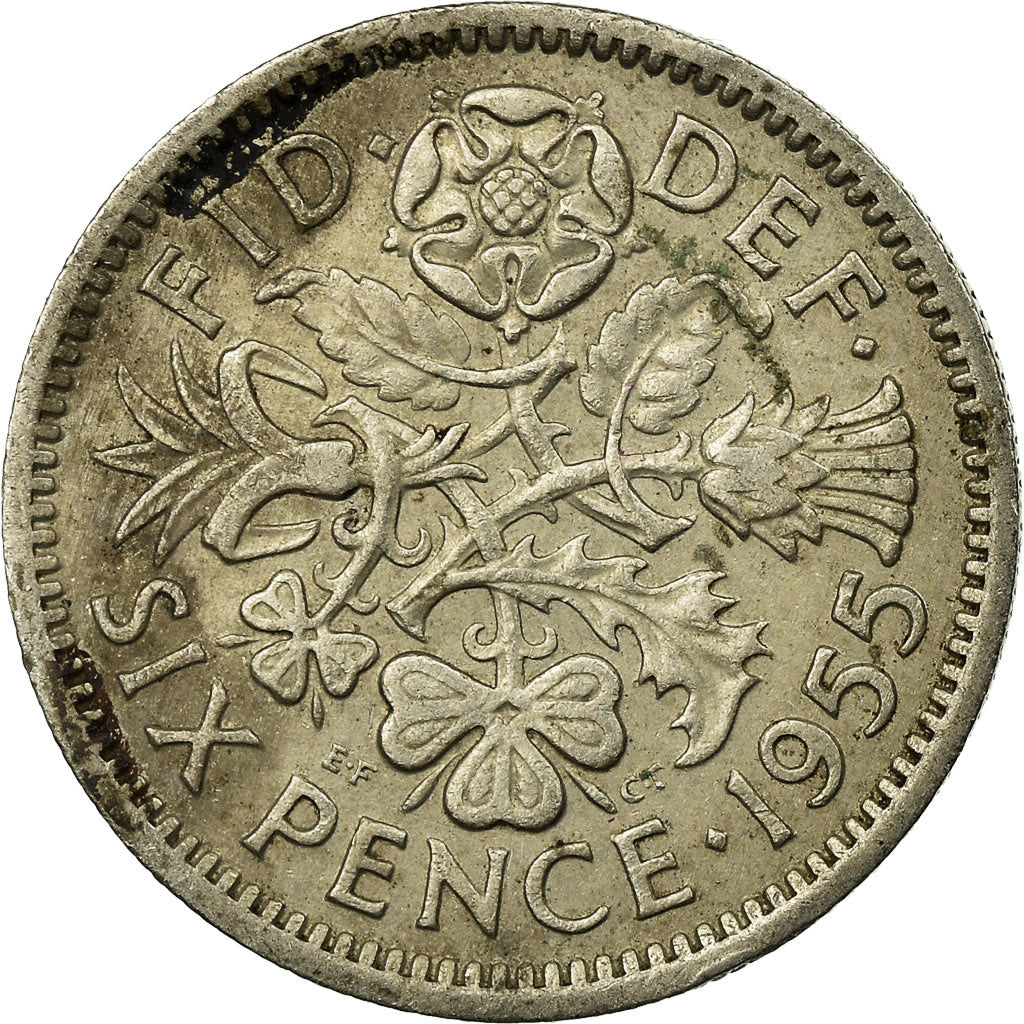Coin, Great Britain, Elizabeth II, 6 Pence, 1955, VF(30-35), Copper-nickel